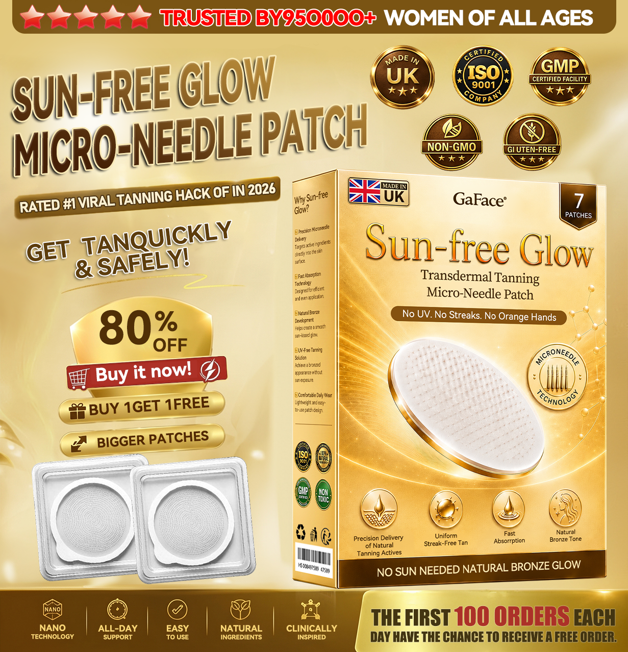 𝑮𝒂𝒇𝒂𝒄𝒆® Sunless Natural Glow Transdermal Tanning Micro-Needle Patch