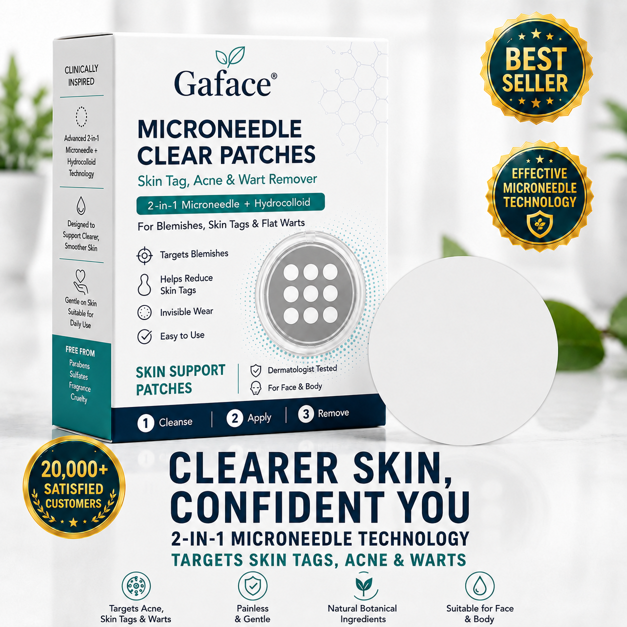 𝑮𝒂𝒇𝒂𝒄𝒆®2-in-1 Microneedle & Hydrocolloid Patch🍀| Removes Raised Moles, Acne, Flat Warts & Skin Tags | Helps Improve Wrinkles, Scars & Blemishes | Invisible Patches for Face & Body